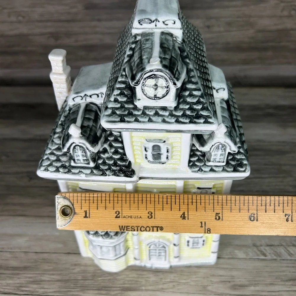 Vintage‎ Victorian House Cookie Jar Yellow Gray Roof Ceramic